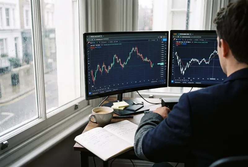 Over-the-shoulder view of a UK trader's desk with two monitors showing a GBP/USD chart and the FTSE 100, morning light, no face visible