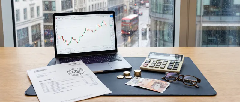 A desk in a London office with a laptop showing a price chart, a stamped statement, a calculator and a small stack of pound coins, no people