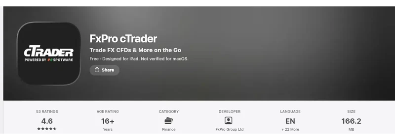 FxPro’s Apple App Store listing, read 3 Sep 2026: 4.6 out of 5