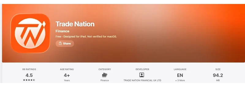 Trade Nation’s Apple App Store listing, read 3 Sep 2026: 4.5 out of 5
