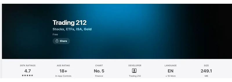 Trading 212’s Apple App Store listing, read 3 Sep 2026: 4.7 out of 5