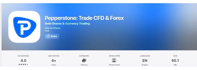 Pepperstone’s Apple App Store listing, read 1 Oct 2026: 4 out of 5