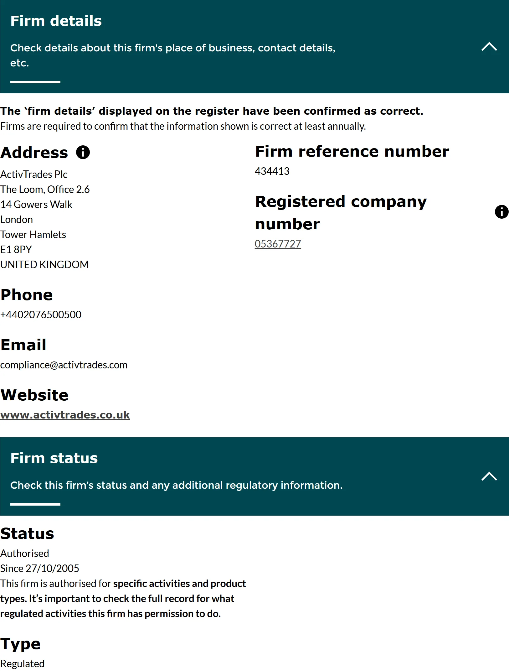 FCA Financial Services Register entry for Activtrades Plc, FRN 434413, status Authorised, captured 3 Sep 2026.