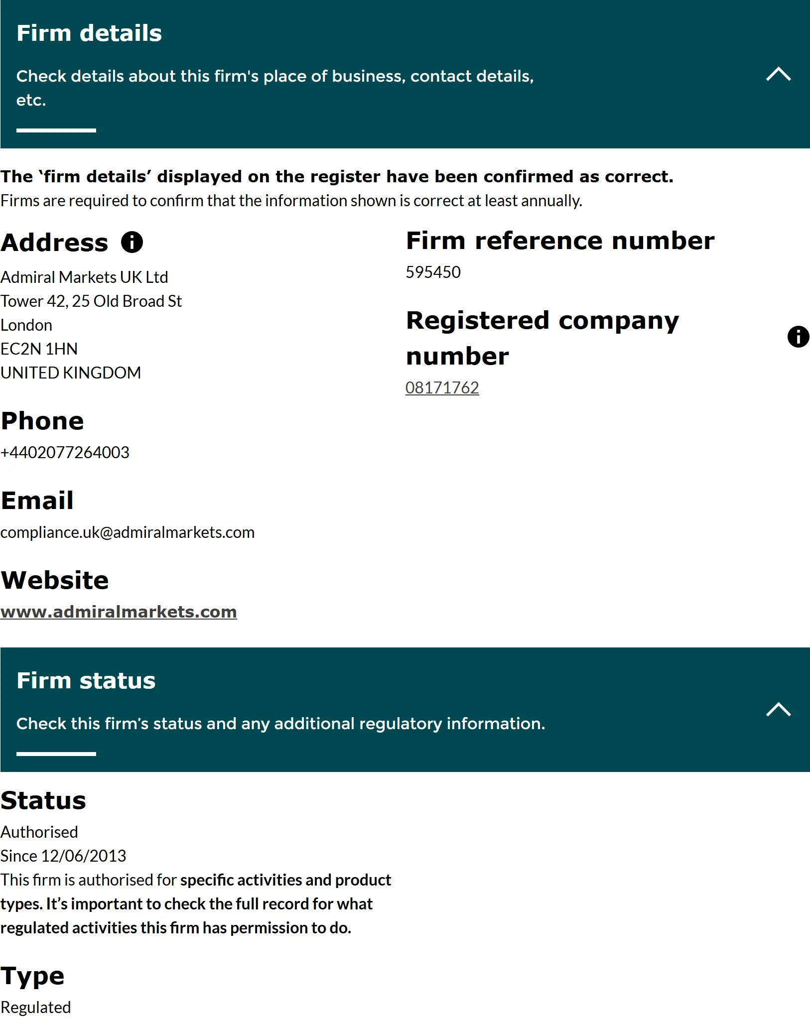FCA Financial Services Register entry for Admiral Markets UK Ltd, firm reference number 595450: the firm details and firm status panels, status Authorised since 12 Jun 2013, captured 3 Sep 2026