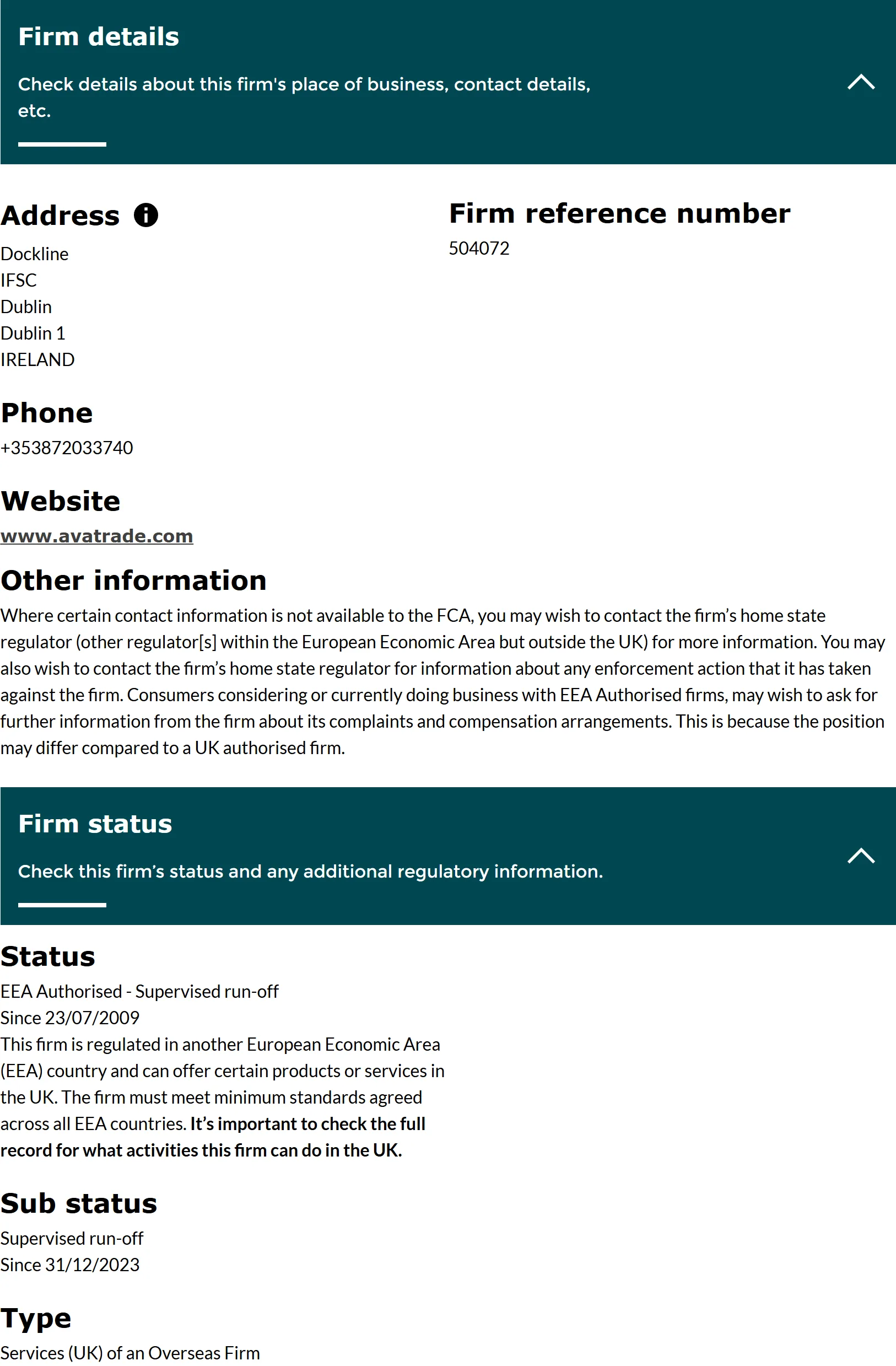 FCA Financial Services Register entry for AVA Trade EU Limited, firm reference number 504072: the firm details and firm status panels, status EEA Authorised - Supervised run-off status date 23 Jul 2009, captured 3 Sep 2026