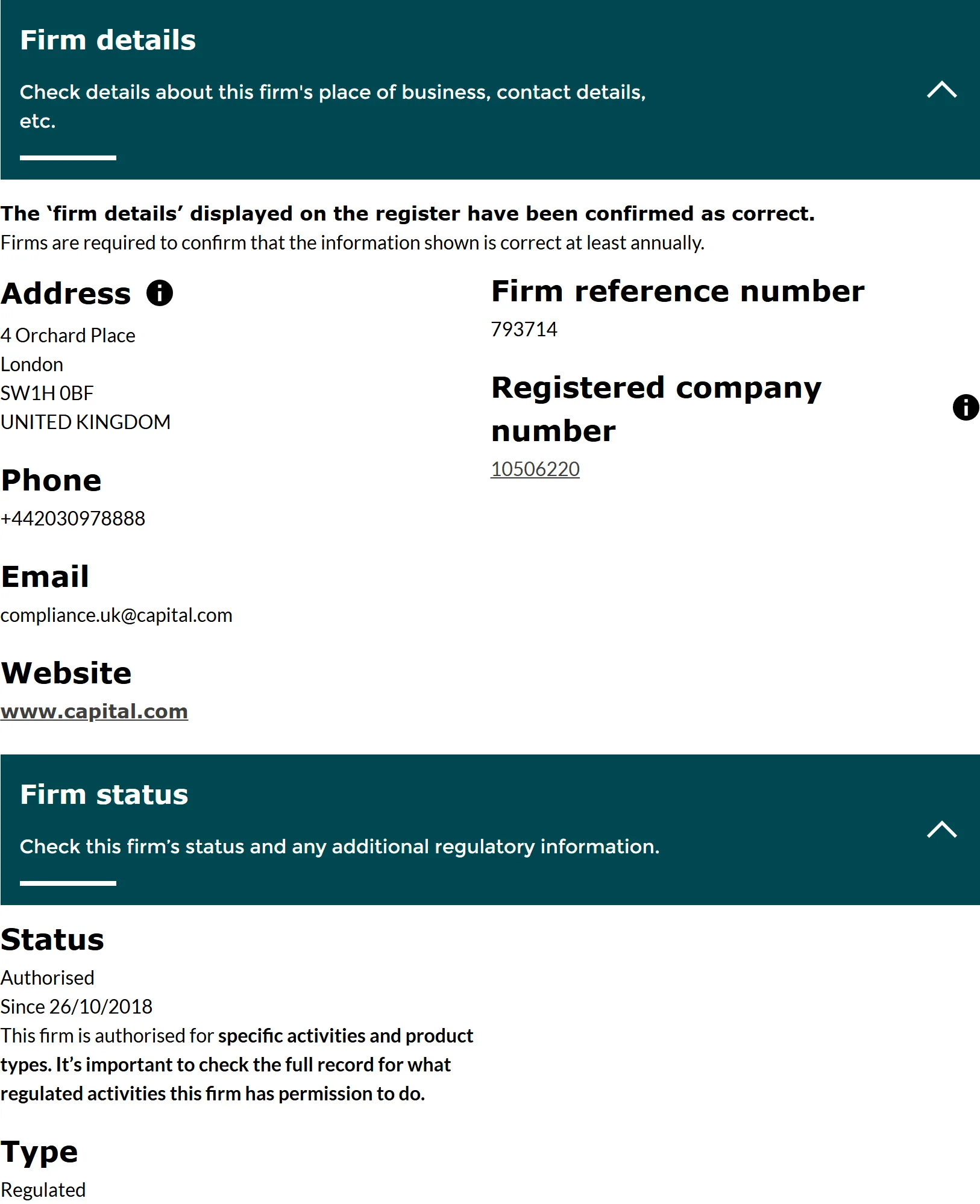 FCA Financial Services Register entry for Capital Com (UK) Limited, FRN 793714, status Authorised, captured 3 Sep 2026.