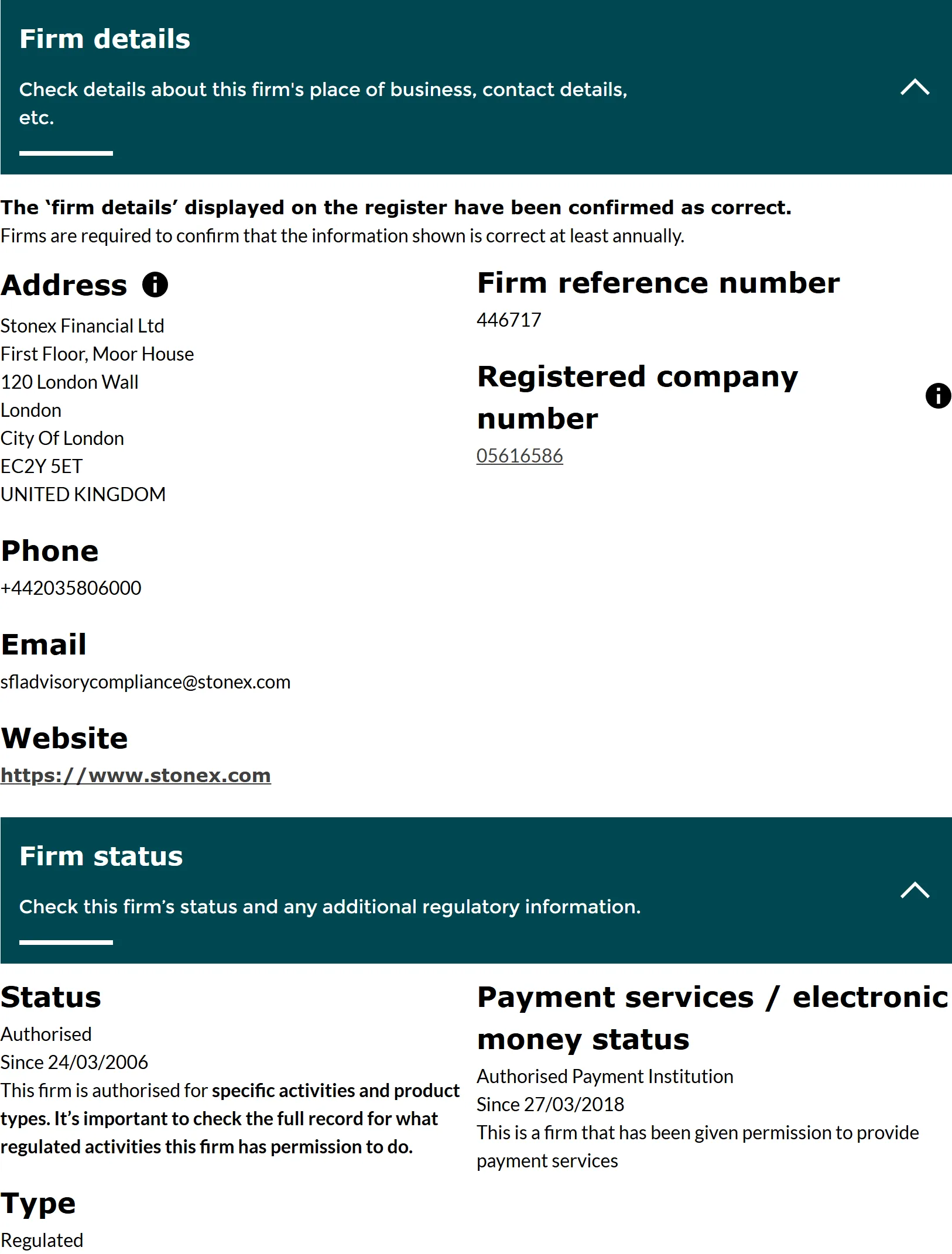 FCA Financial Services Register entry for StoneX Financial Ltd, FRN 446717, status Authorised, captured 3 Sep 2026.