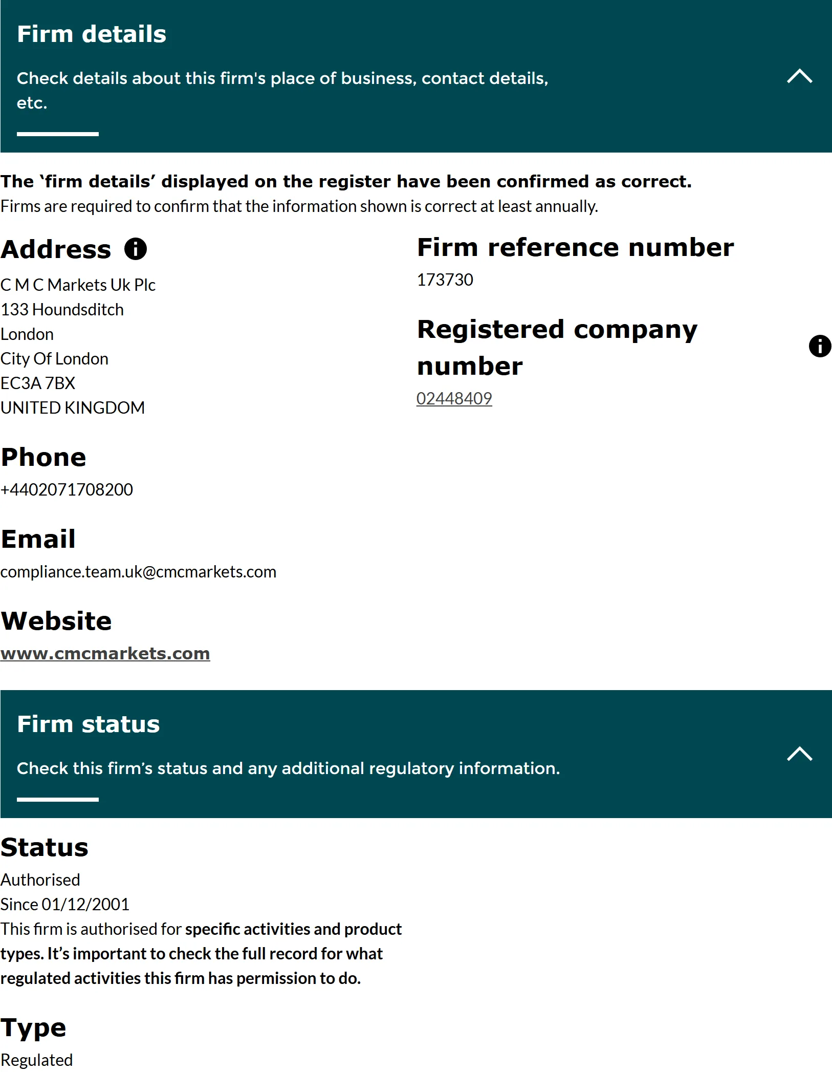 FCA Financial Services Register entry for CMC Markets UK plc, FRN 173730, status Authorised, captured 3 Sep 2026.