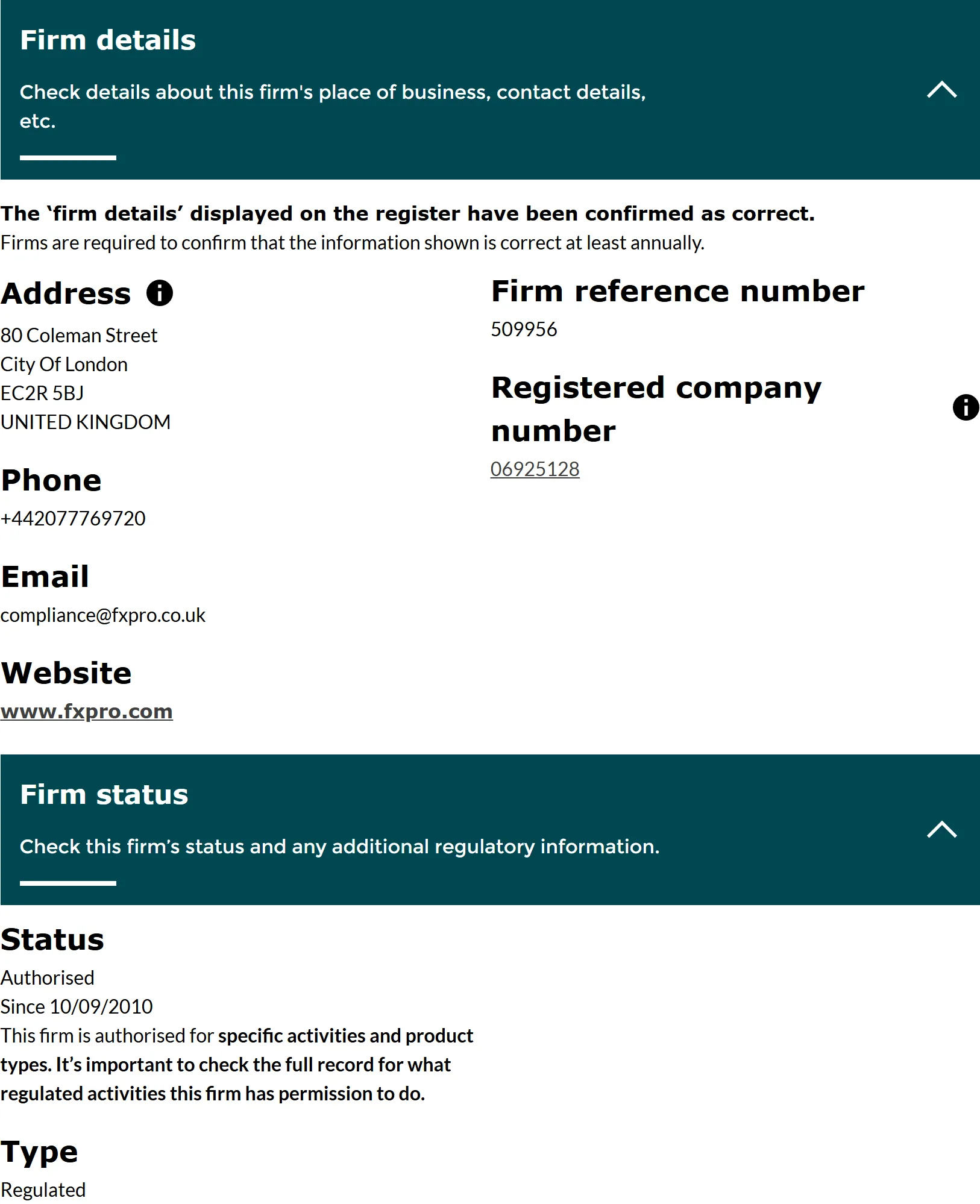 FCA Financial Services Register entry for FXPRO UK Limited, firm reference number 509956: the firm details and firm status panels, status Authorised since 10 Sep 2010, captured 3 Sep 2026