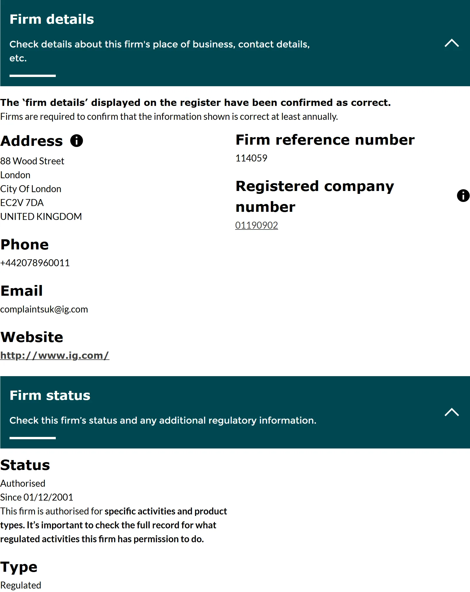 FCA Financial Services Register entry for IG Index Limited, firm reference number 114059: the firm details and firm status panels, status Authorised since 1 Dec 2001, captured 3 Sep 2026