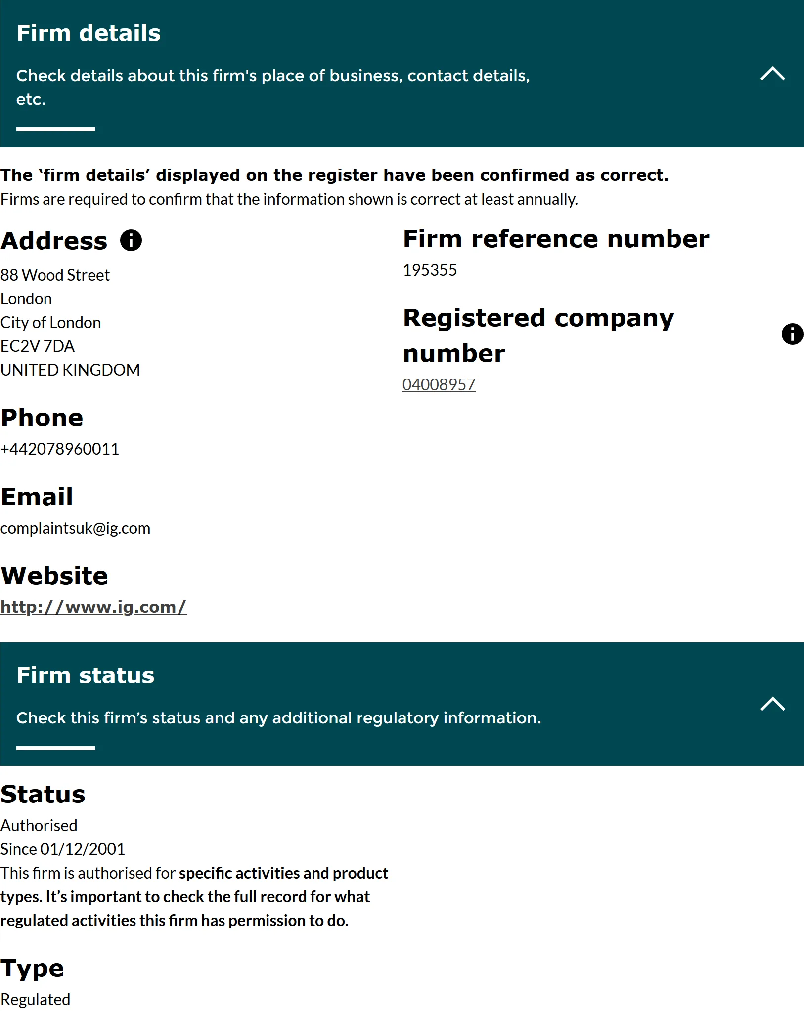 FCA Financial Services Register entry for IG Markets Limited, firm reference number 195355: the firm details and firm status panels, status Authorised since 1 Dec 2001, captured 3 Sep 2026