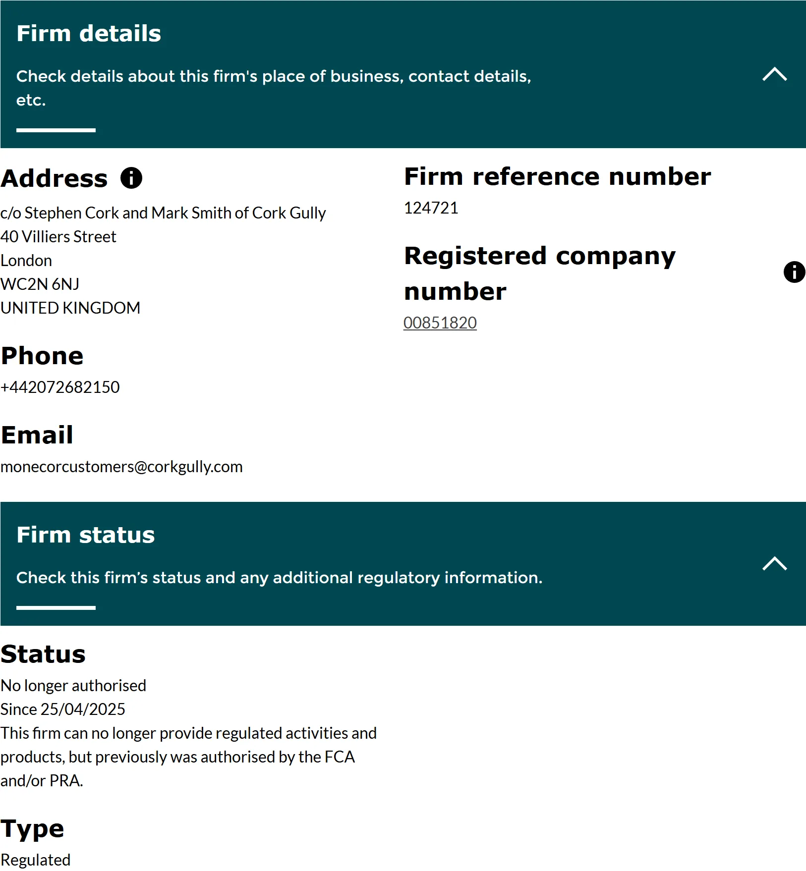 FCA Financial Services Register entry for Monecor (London) Limited, firm reference number 124721: the firm details and firm status panels, status No longer authorised status date 25 Apr 2025, captured 3 Sep 2026
