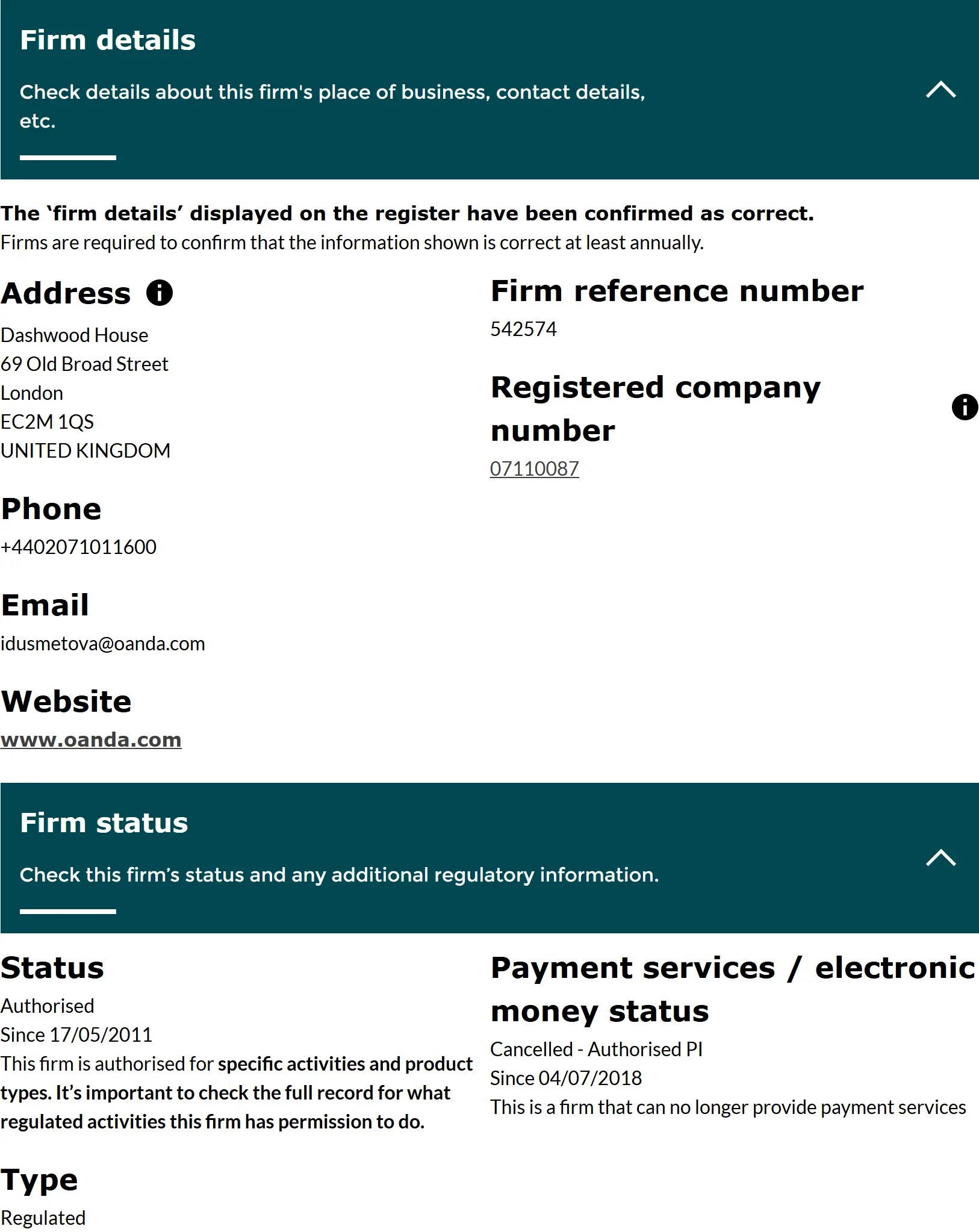 FCA Financial Services Register entry for OANDA Europe Limited, firm reference number 542574: the firm details and firm status panels, status Authorised since 17 May 2011, captured 3 Sep 2026