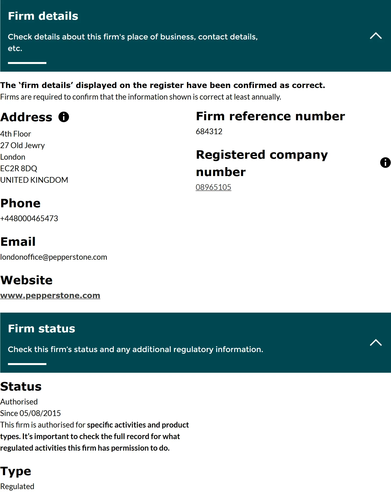 FCA Financial Services Register entry for Pepperstone Limited, FRN 684312, status Authorised, captured 3 Sep 2026.