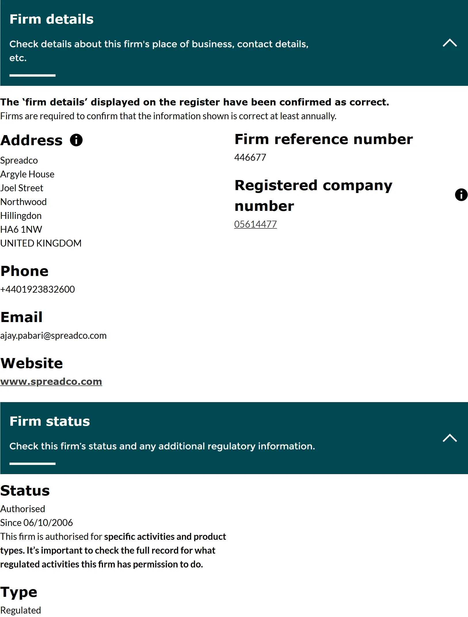 FCA Financial Services Register entry for Spread Co Limited, FRN 446677, status Authorised, captured 3 Sep 2026.
