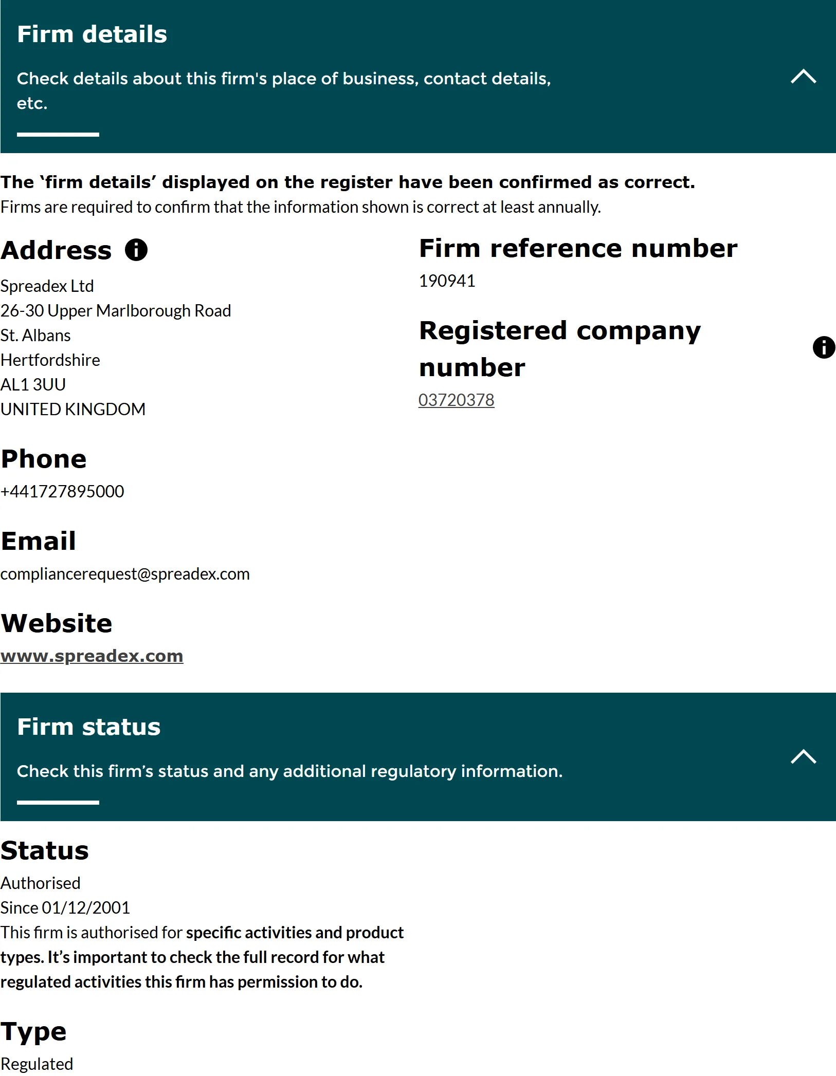 FCA Financial Services Register entry for Spreadex Limited, FRN 190941, status Authorised, captured 3 Sep 2026.