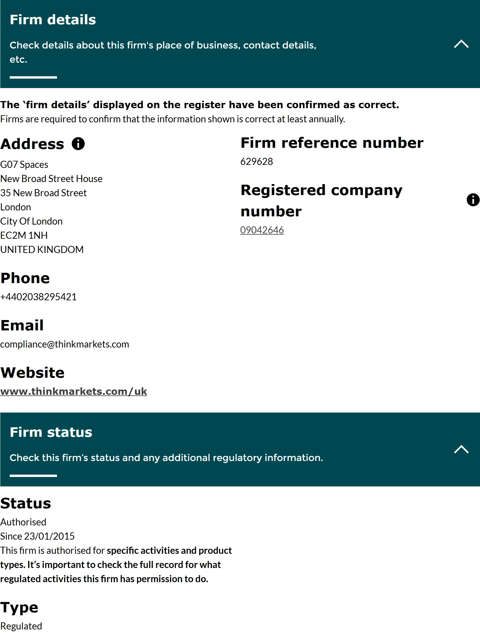 FCA Financial Services Register entry for TF Global Markets (UK) Limited, FRN 629628, status Authorised, captured 3 Sep 2026.