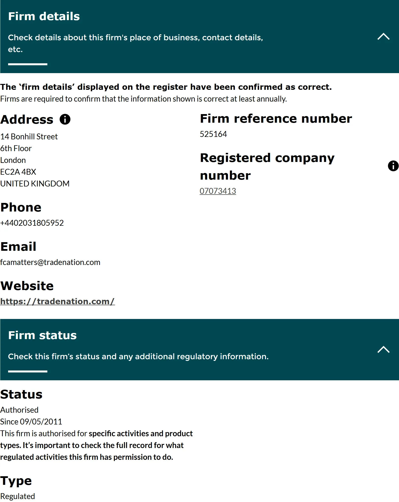 FCA Financial Services Register entry for TRADE NATION FINANCIAL UK LTD, firm reference number 525164: the firm details and firm status panels, status Authorised since 9 May 2011, captured 3 Sep 2026