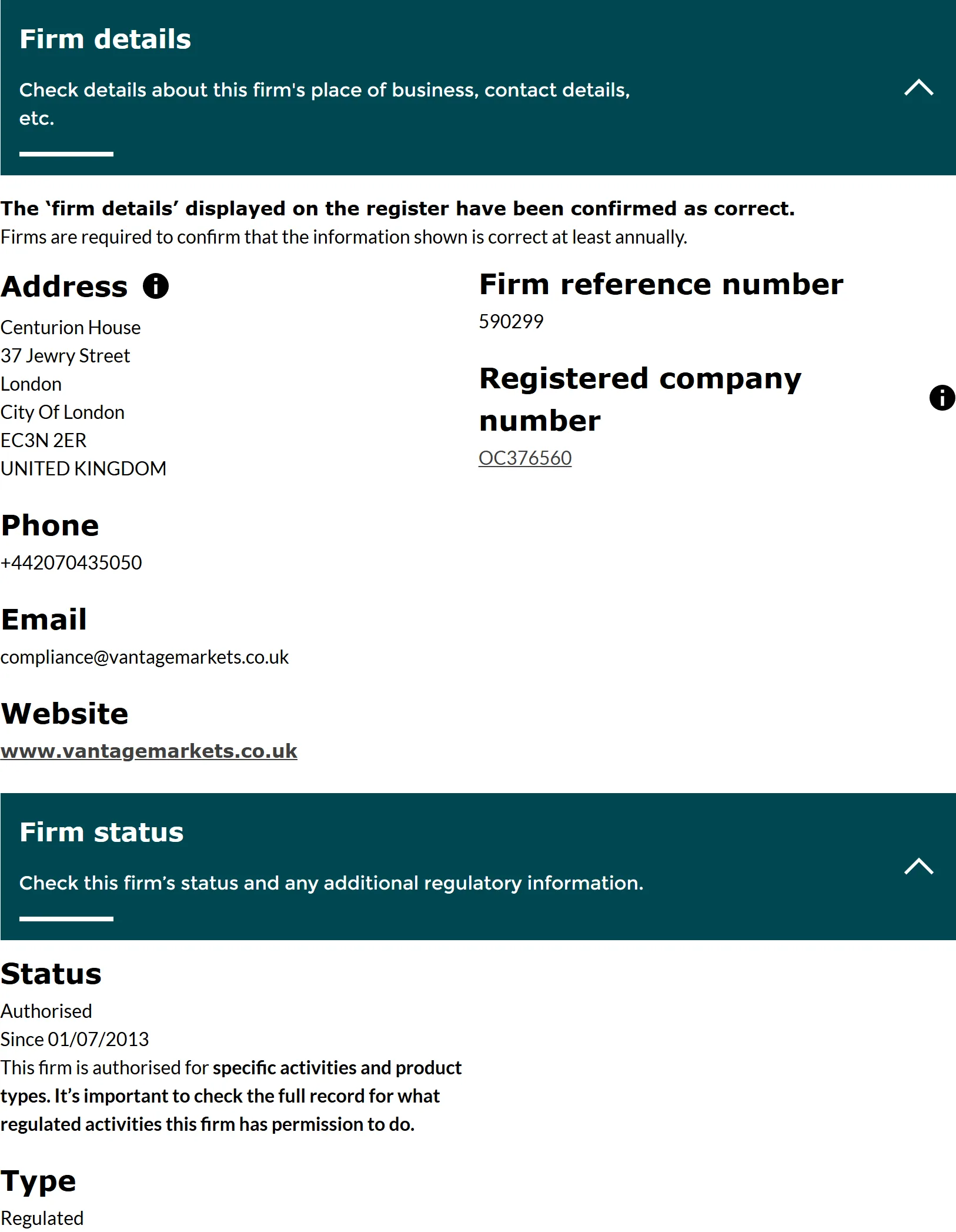 FCA Financial Services Register entry for Vantage Global Prime LLP, FRN 590299, status Authorised, captured 3 Sep 2026.