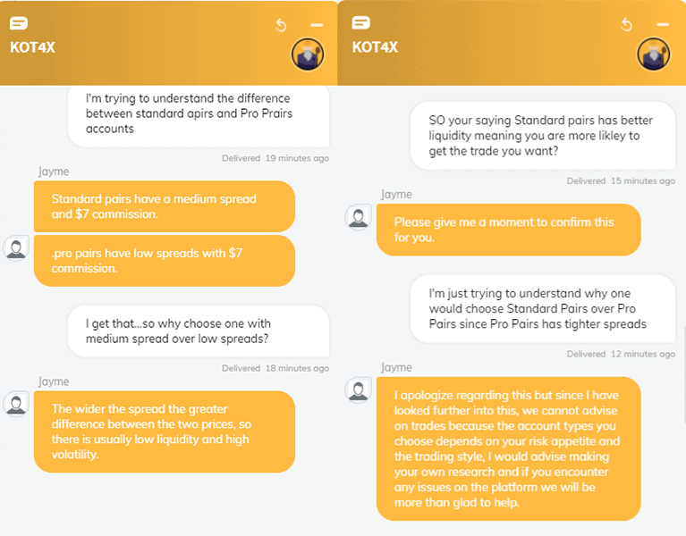 KOT4X conversation on live chat