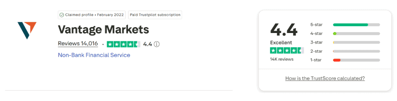 Trustpilot profile for vantagemarkets.com showing 4.4 out of 5 from 14,016 reviews, captured 3 August 2026